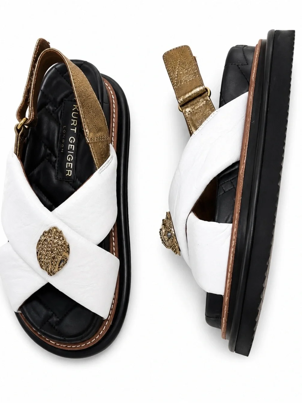 Kurt Geiger White Leather Crisscross Sandals with Gold Detail